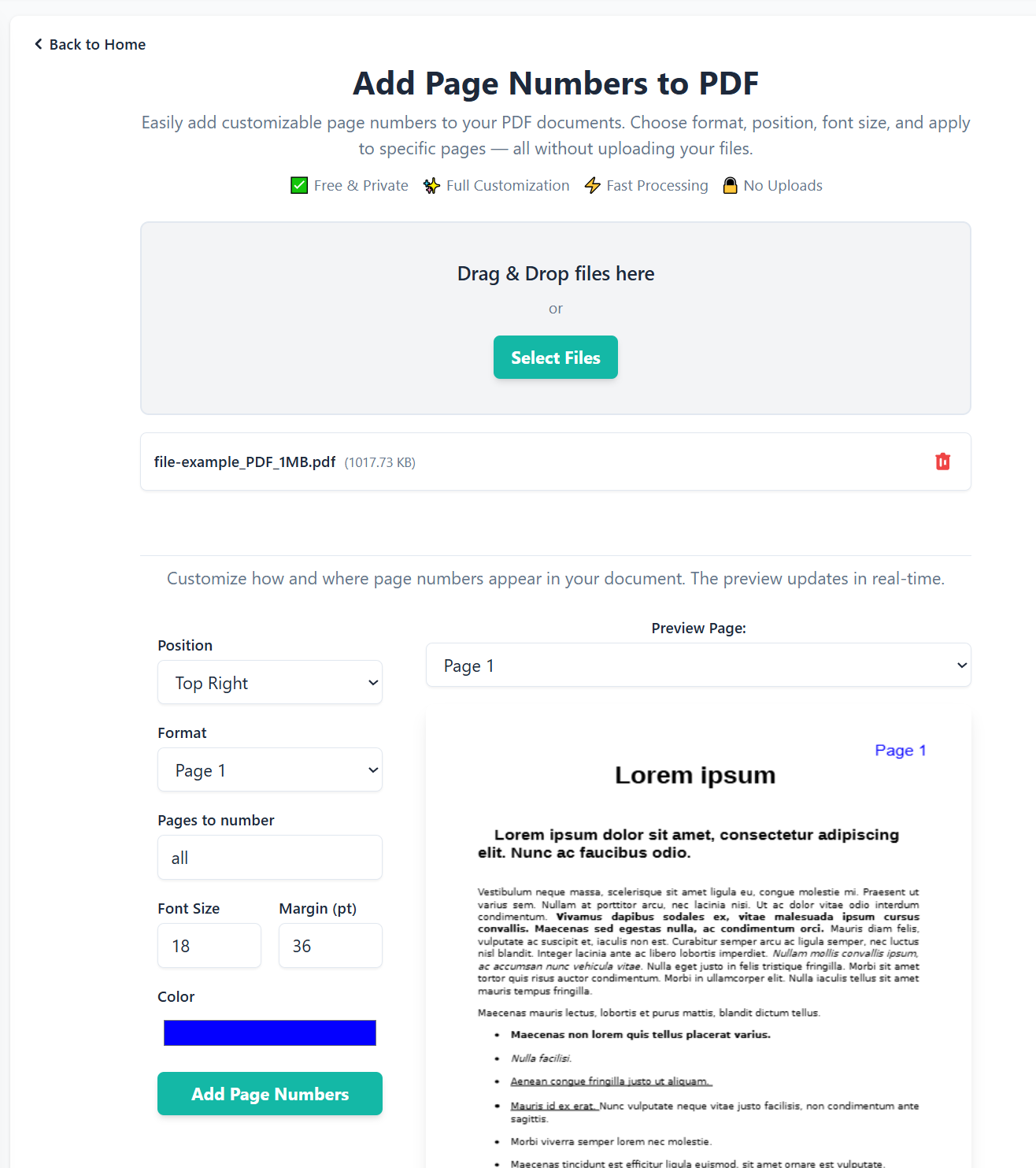 screenshot of add page number tool in pdfclear.com